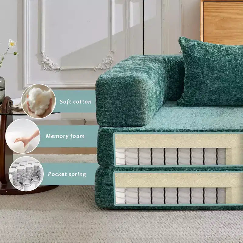 Sofá cama convertible de suelo Whisen con estructura de forma fija, sofás biplaza modulares sin huesos, tela de chenilla