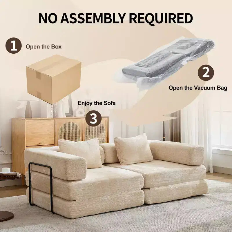 Sofá cama convertible de suelo Whisen con estructura de forma fija, sofás biplaza modulares sin huesos, tela de chenilla