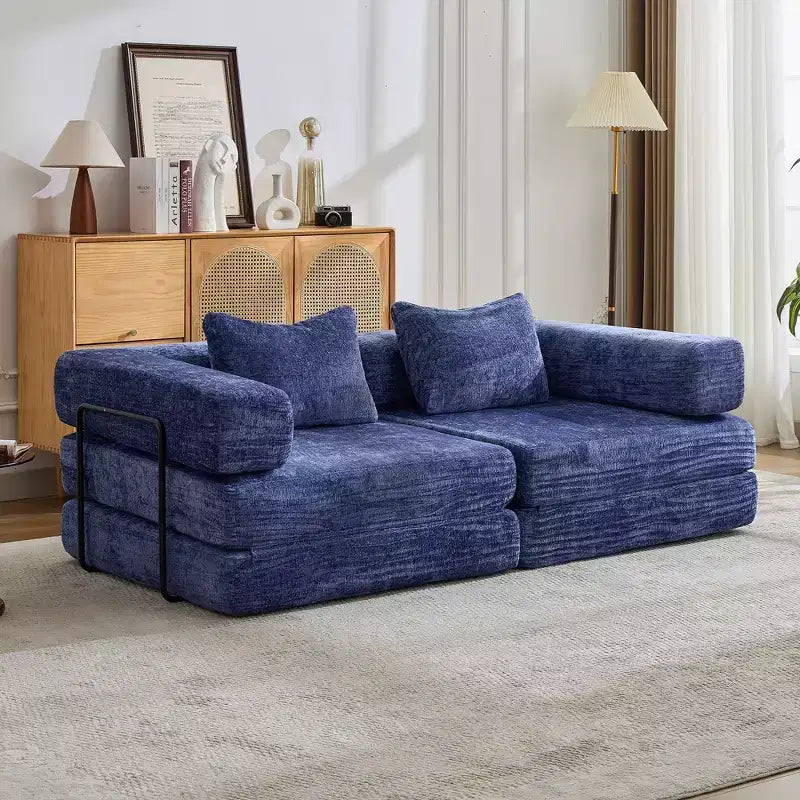 Sofá cama convertible de suelo Whisen con estructura de forma fija, sofás biplaza modulares sin huesos, tela de chenilla