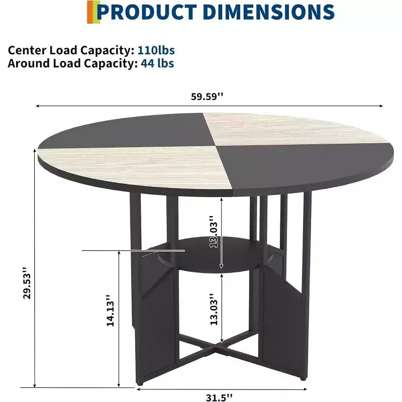 Mesa de comedor redonda para 4-6 personas, mesa de cocina y comedor de madera de 150 cm con base y patas ajustables, mesa de comedor redonda que ahorra espacio para sala de estar
