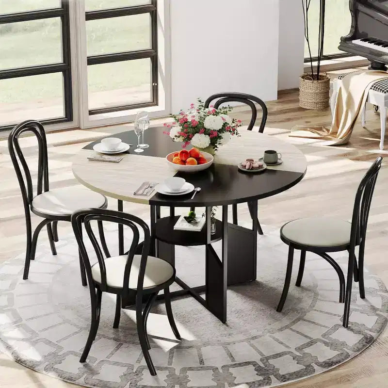 Mesa de comedor redonda para 4-6 personas, mesa de cocina y comedor de madera de 150 cm con base y patas ajustables, mesa de comedor redonda que ahorra espacio para sala de estar