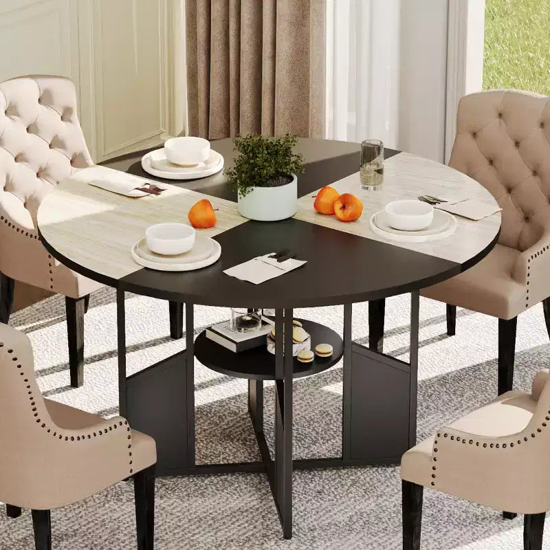 Mesa de comedor redonda para 4-6 personas, mesa de cocina y comedor de madera de 150 cm con base y patas ajustables, mesa de comedor redonda que ahorra espacio para sala de estar