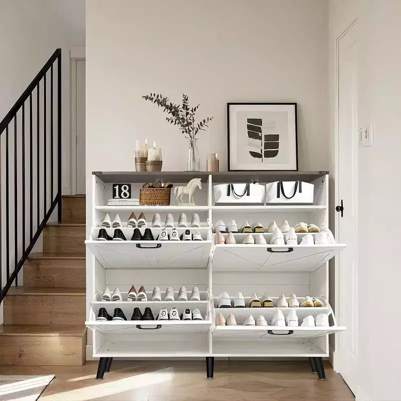 Coolmee Zapatero, Organizador de Zapatos de Estilo Rústico con 4 Cajones Abatibles y Almacenamiento Abierto, Zapatero Estrecho Independiente para Entrada, Pasillo
