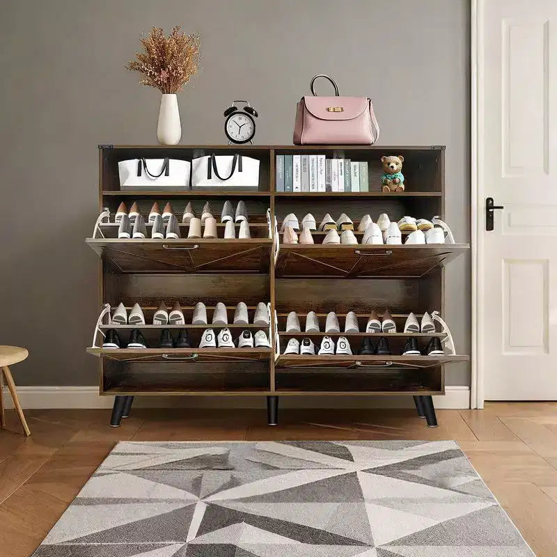 Coolmee Shoe Storage Cabinet, Farmhouse Shoe Organizer with 4 Flip Drawers and Open Storage, Freestanding Narrow Shoe Rack for Entryway, Hallway