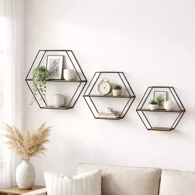 Estantes hexagonales de pared modernos para decoración del hogar - Madera con marco de metal Organizador de almacenamiento para exhibición de oficina - Juego de 3, 22, 21, 19
