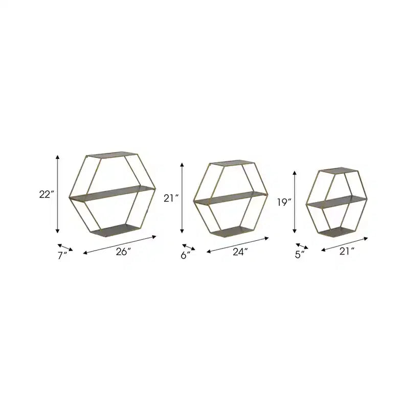 Estantes hexagonales de pared modernos para decoración del hogar - Madera con marco de metal Organizador de almacenamiento para exhibición de oficina - Juego de 3, 22, 21, 19