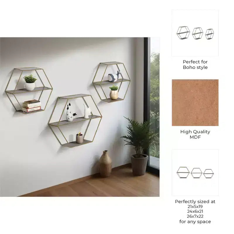 Estantes hexagonales de pared modernos para decoración del hogar - Madera con marco de metal Organizador de almacenamiento para exhibición de oficina - Juego de 3, 22, 21, 19