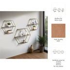 Estantes hexagonales de pared modernos para decoración del hogar - Madera con marco de metal Organizador de almacenamiento para exhibición de oficina - Juego de 3, 22, 21, 19