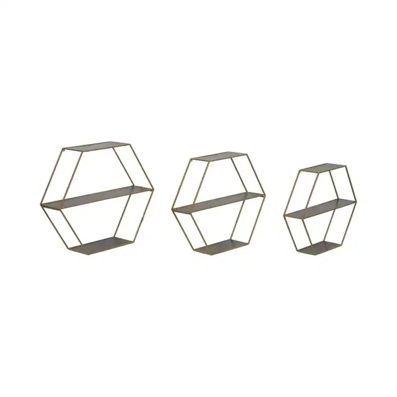 Estantes hexagonales de pared modernos para decoración del hogar - Madera con marco de metal Organizador de almacenamiento para exhibición de oficina - Juego de 3, 22, 21, 19