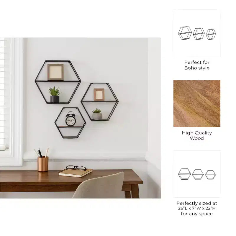Estantes hexagonales de pared modernos para decoración del hogar - Madera con marco de metal Organizador de almacenamiento para exhibición de oficina - Juego de 3, 22, 21, 19