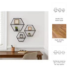 Estantes hexagonales de pared modernos para decoración del hogar - Madera con marco de metal Organizador de almacenamiento para exhibición de oficina - Juego de 3, 22, 21, 19