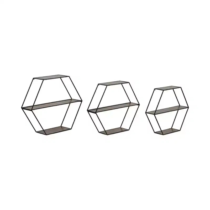 Estantes hexagonales de pared modernos para decoración del hogar - Madera con marco de metal Organizador de almacenamiento para exhibición de oficina - Juego de 3, 22, 21, 19