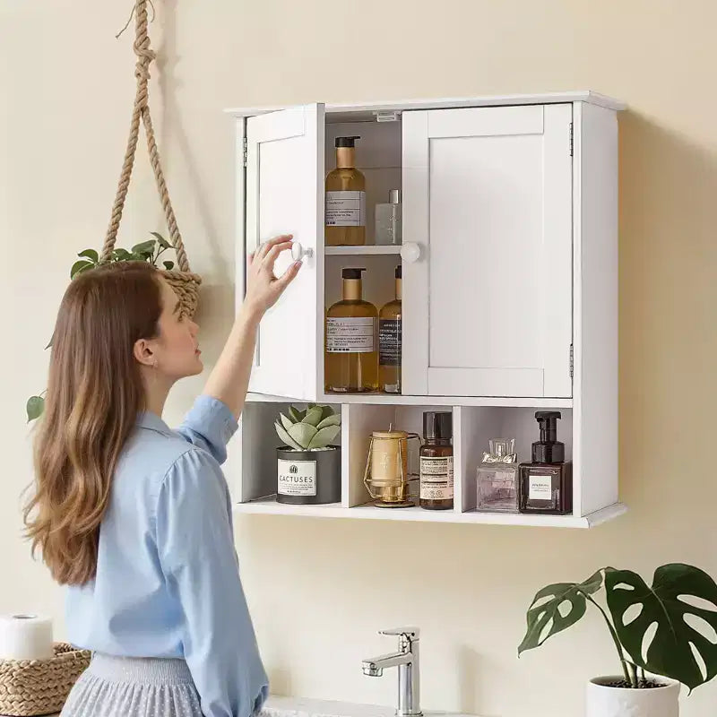 Armario de pared para baño VEVOR, 2 puertas y estante ajustable, mueble botiquín montado en la pared sobre el inodoro, blanco