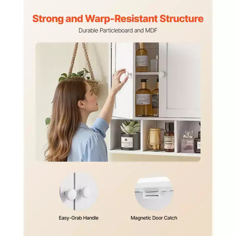 Armario de pared para baño VEVOR, 2 puertas y estante ajustable, mueble botiquín montado en la pared sobre el inodoro, blanco