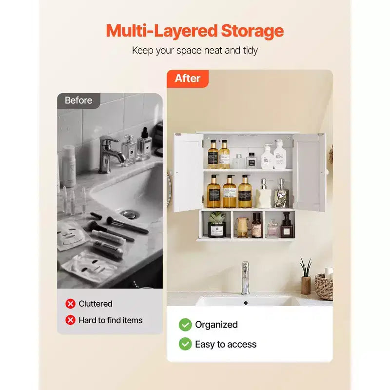 Armario de pared para baño VEVOR, 2 puertas y estante ajustable, mueble botiquín montado en la pared sobre el inodoro, blanco