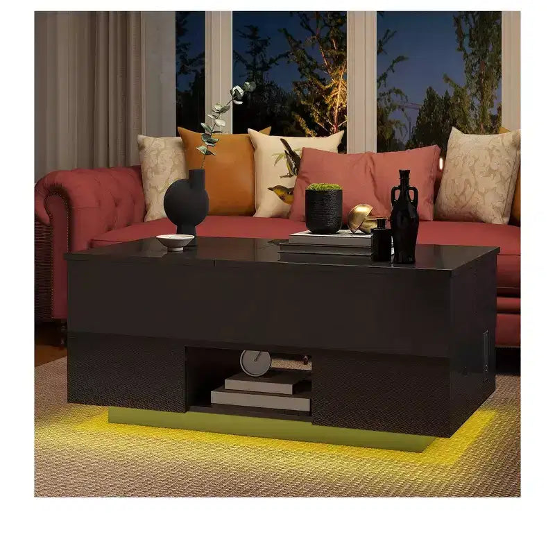 Mesa de centro LED de alto brillo con tapa elevable, estación de carga, 2 cajones de almacenamiento y estante abierto para organizador de sala de estar, diseño moderno