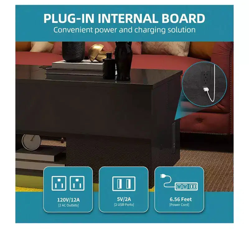 Mesa de centro LED de alto brillo con tapa elevable, estación de carga, 2 cajones de almacenamiento y estante abierto para organizador de sala de estar, diseño moderno
