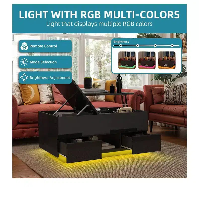 Mesa de centro LED de alto brillo con tapa elevable, estación de carga, 2 cajones de almacenamiento y estante abierto para organizador de sala de estar, diseño moderno