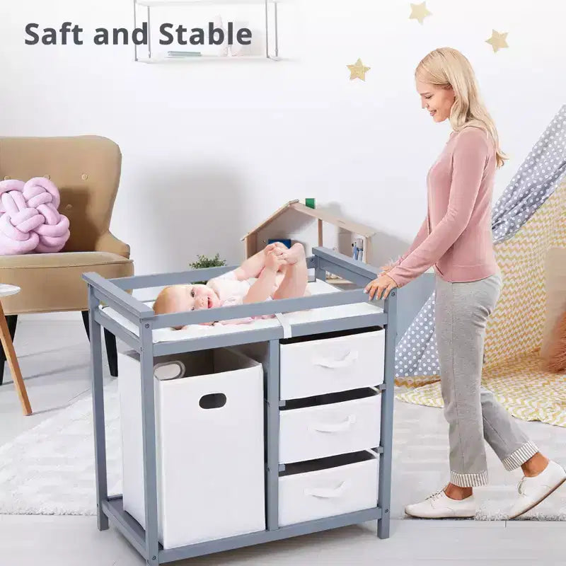 Cambiador de madera GustoWave para bebé, cambiador moderno, cómoda estación de pañales para bebés con cesto de ropa sucia, cesta de 3 cajones