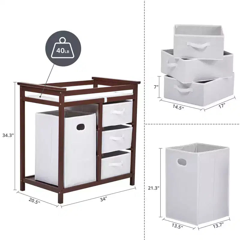 Cambiador de madera GustoWave para bebé, cambiador moderno, cómoda estación de pañales para bebés con cesto de ropa sucia, cesta de 3 cajones