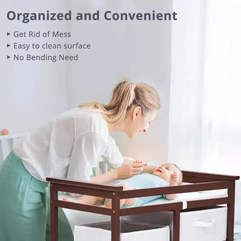Cambiador de madera GustoWave para bebé, cambiador moderno, cómoda estación de pañales para bebés con cesto de ropa sucia, cesta de 3 cajones