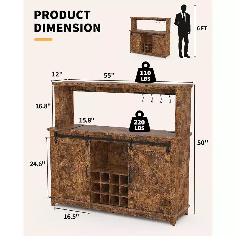 55 Armario de café tipo granja negro - Enchufe de corriente y luz LED, puerta corrediza tipo granero, botellero para 12 botellas, cajones de 2 niveles