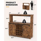 55 Armario de café tipo granja negro - Enchufe de corriente y luz LED, puerta corrediza tipo granero, botellero para 12 botellas, cajones de 2 niveles
