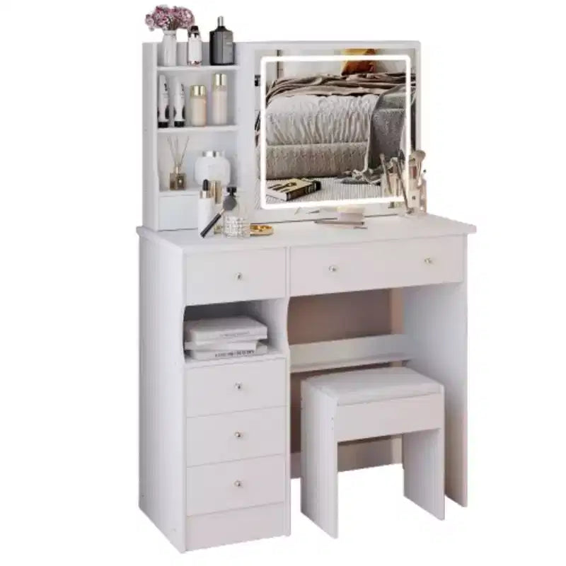 Tocador Homy Casa con espejo iluminado y taburete, espacio pequeño, regalo de vacaciones, blanco