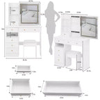 Tocador Homy Casa con espejo iluminado y taburete, espacio pequeño, regalo de vacaciones, blanco