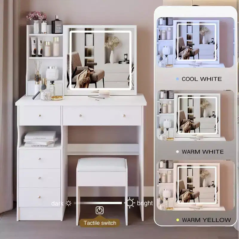 Tocador Homy Casa con espejo iluminado y taburete, espacio pequeño, regalo de vacaciones, blanco