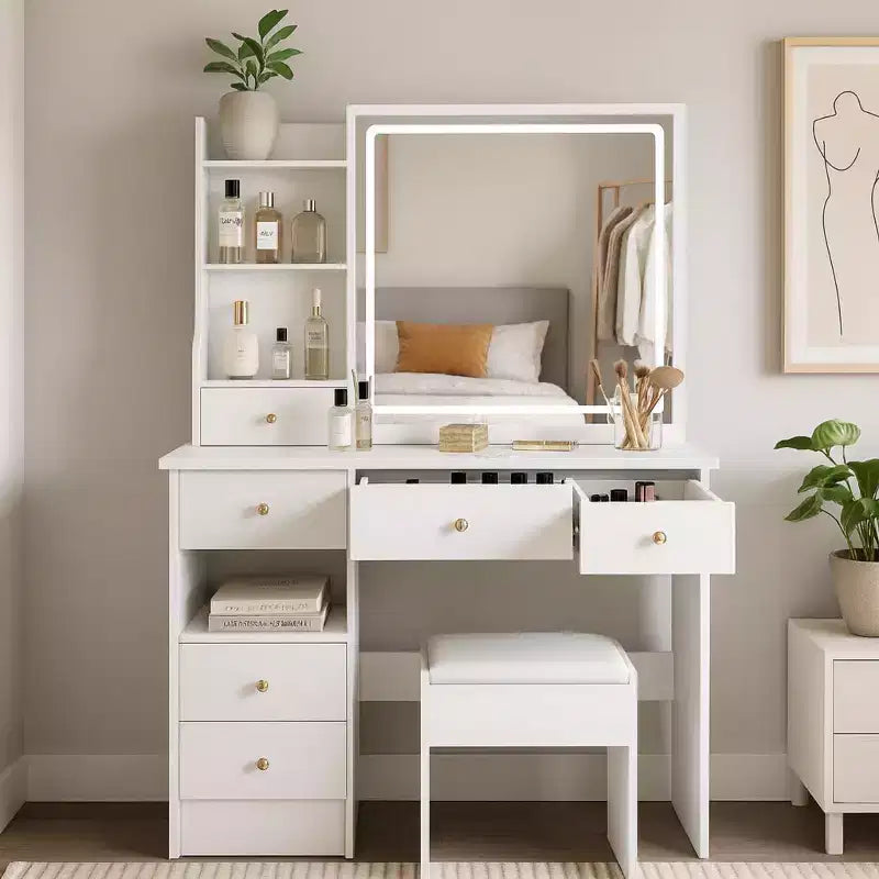 Tocador Homy Casa con espejo iluminado y taburete, espacio pequeño, regalo de vacaciones, blanco