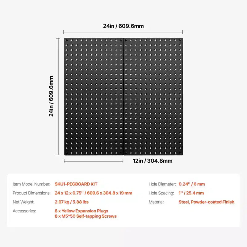 Paneles de tablero perforado de metal VEVOR, tablero perforado de 61 x 30,5 cm, 2 paneles, organizador de pared de tablero perforado de acero resistente, negro