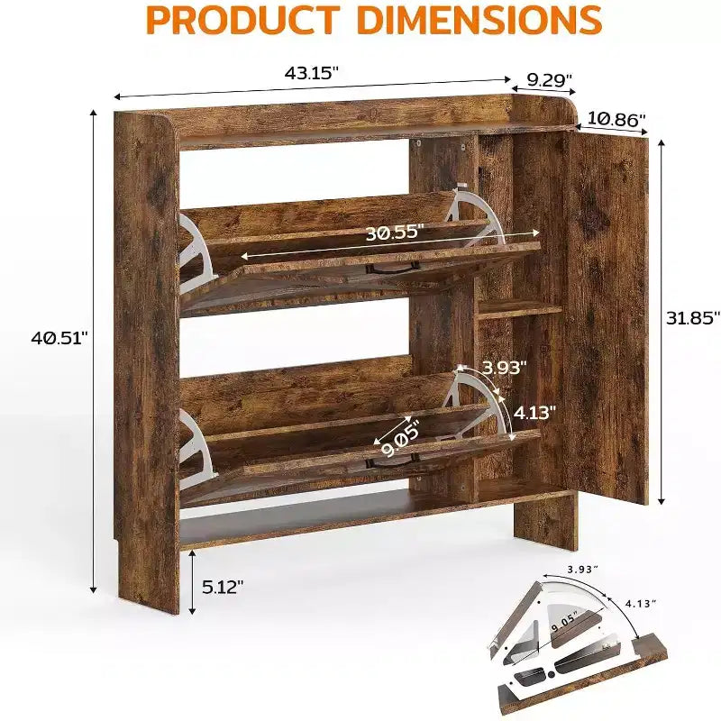 Mueble zapatero Zevemomo 40.51 con 2 cajones abatibles y armario lateral, organizador de zapatos con espejo y estantes ajustables, marrón oscuro