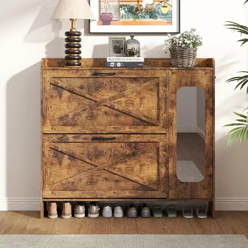 Mueble zapatero Zevemomo 40.51 con 2 cajones abatibles y armario lateral, organizador de zapatos con espejo y estantes ajustables, marrón oscuro