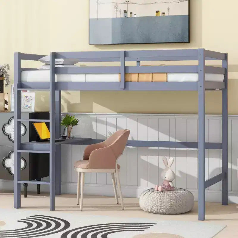 Bellemave Cama alta doble con escritorio, cama alta para niños, niños y niñas, estructura de cama alta de madera, escritorio y escalera incorporados, madera de caucho gris