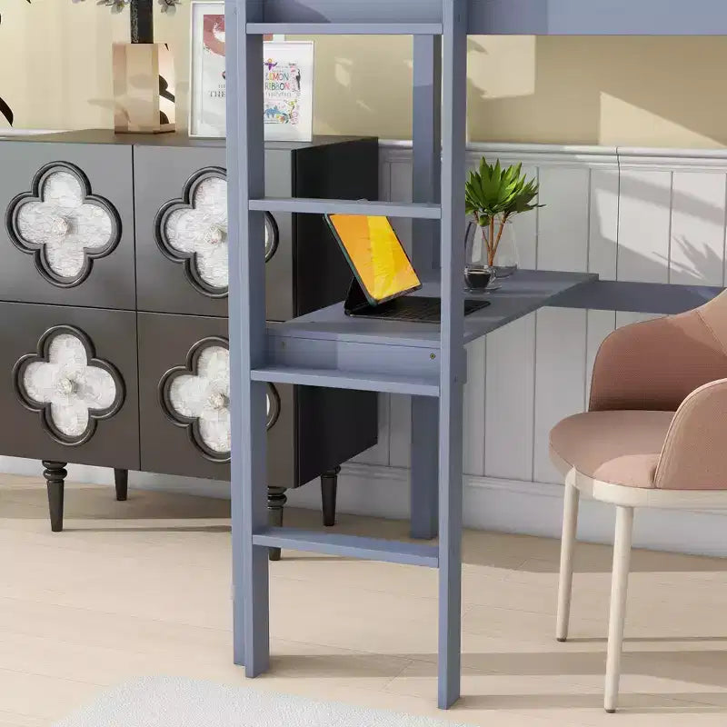 Bellemave Cama alta doble con escritorio, cama alta para niños, niños y niñas, estructura de cama alta de madera, escritorio y escalera incorporados, madera de caucho gris