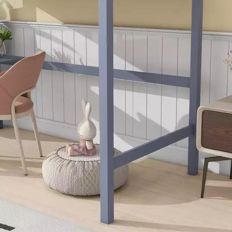 Bellemave Cama alta doble con escritorio, cama alta para niños, niños y niñas, estructura de cama alta de madera, escritorio y escalera incorporados, madera de caucho gris