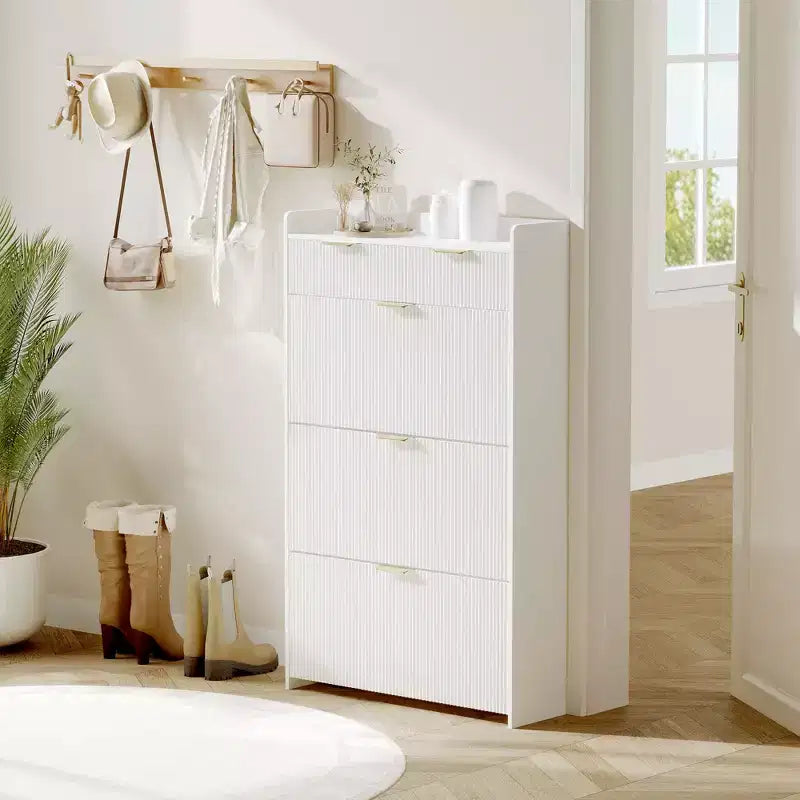 Mueble Zapatero Delgado COZONY con 3 Cajones Abatibles y 2 Cajones Pequeños, Organizador de Almacenamiento de Zapatos Oculto Independiente para Entrada, Pasillo, Sala de Estar