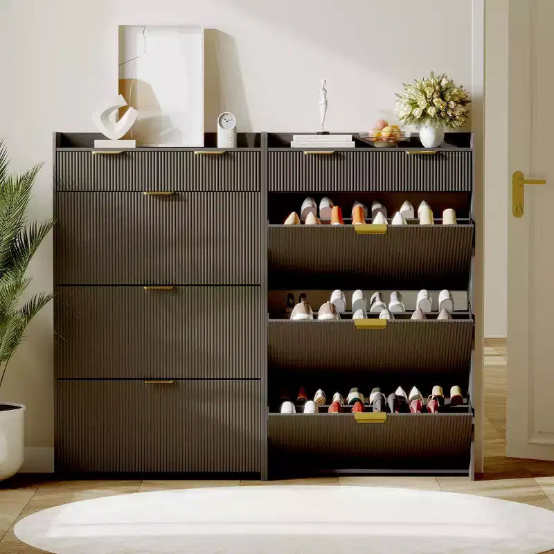 Mueble Zapatero Delgado COZONY con 3 Cajones Abatibles y 2 Cajones Pequeños, Organizador de Almacenamiento de Zapatos Oculto Independiente para Entrada, Pasillo, Sala de Estar