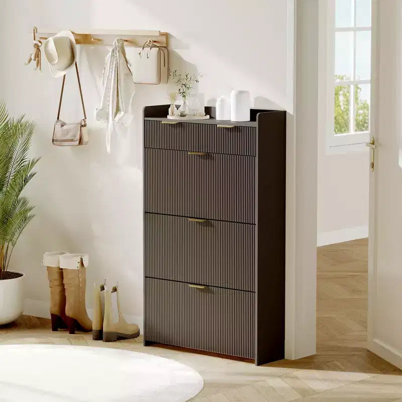 Mueble Zapatero Delgado COZONY con 3 Cajones Abatibles y 2 Cajones Pequeños, Organizador de Almacenamiento de Zapatos Oculto Independiente para Entrada, Pasillo, Sala de Estar