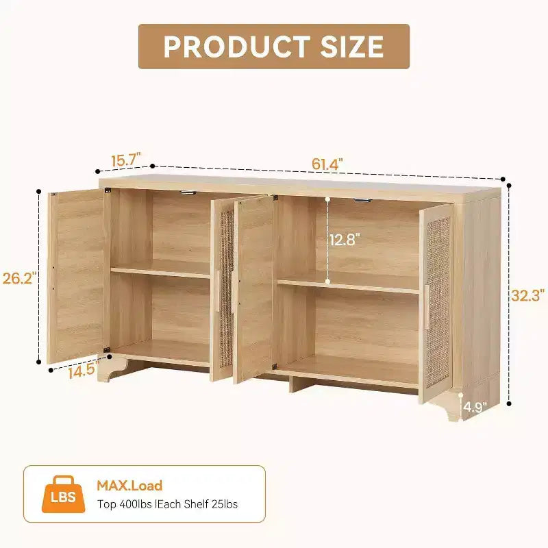 Aparador bufé de ratán natural con 4 puertas, consola de entrada, mueble para café y bufé de almacenamiento para comedor, cocina y sala de estar
