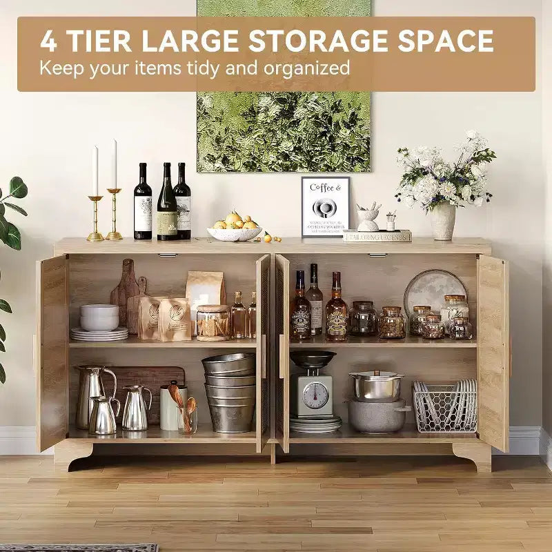 Aparador bufé de ratán natural con 4 puertas, consola de entrada, mueble para café y bufé de almacenamiento para comedor, cocina y sala de estar