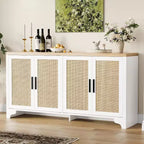 Aparador bufé de ratán natural con 4 puertas, consola de entrada, mueble para café y bufé de almacenamiento para comedor, cocina y sala de estar