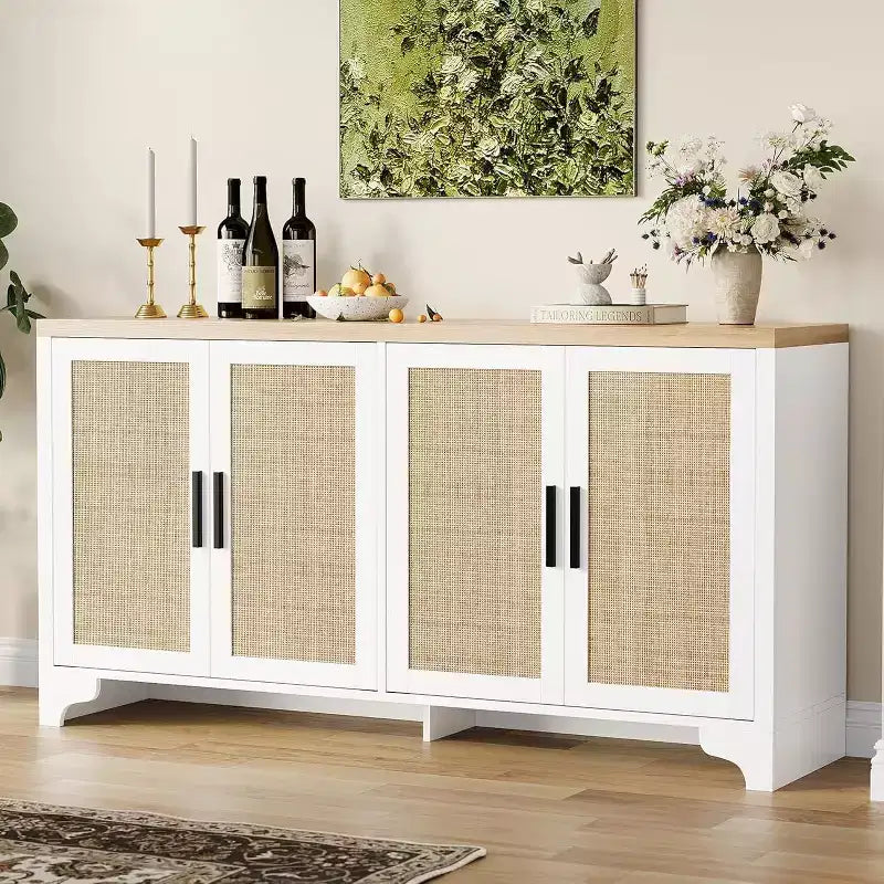 Aparador bufé de ratán natural con 4 puertas, consola de entrada, mueble para café y bufé de almacenamiento para comedor, cocina y sala de estar