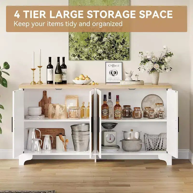 Aparador bufé de ratán natural con 4 puertas, consola de entrada, mueble para café y bufé de almacenamiento para comedor, cocina y sala de estar