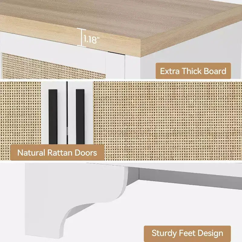 Aparador bufé de ratán natural con 4 puertas, consola de entrada, mueble para café y bufé de almacenamiento para comedor, cocina y sala de estar