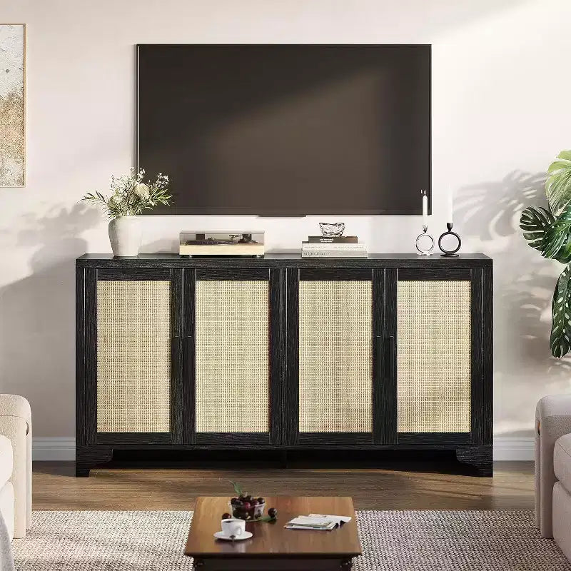 Aparador bufé de ratán natural con 4 puertas, consola de entrada, mueble para café y bufé de almacenamiento para comedor, cocina y sala de estar