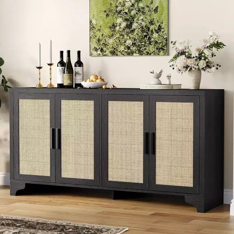 Aparador bufé de ratán natural con 4 puertas, consola de entrada, mueble para café y bufé de almacenamiento para comedor, cocina y sala de estar
