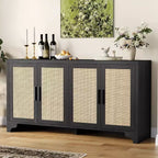 Aparador bufé de ratán natural con 4 puertas, consola de entrada, mueble para café y bufé de almacenamiento para comedor, cocina y sala de estar