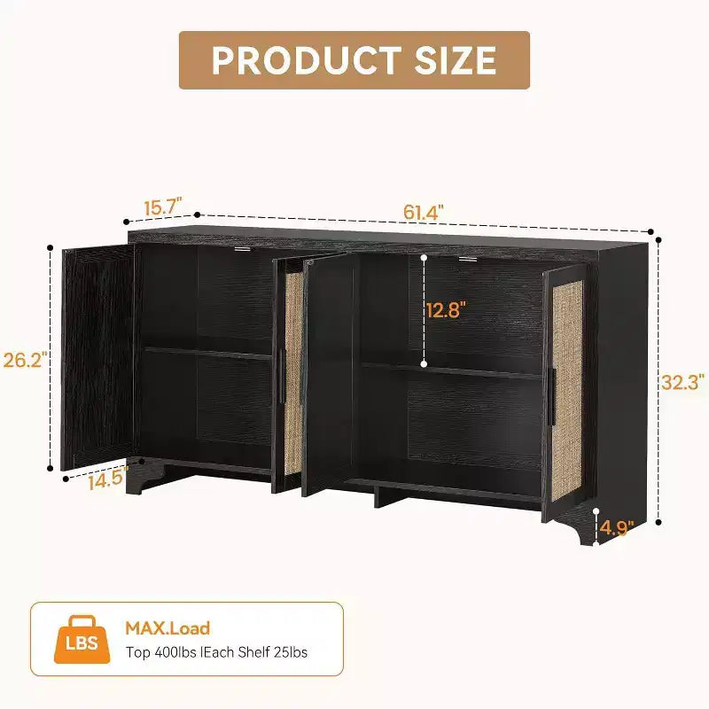 Aparador bufé de ratán natural con 4 puertas, consola de entrada, mueble para café y bufé de almacenamiento para comedor, cocina y sala de estar